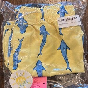 Boys Yellow Swim Trunks with Blue Shark Print